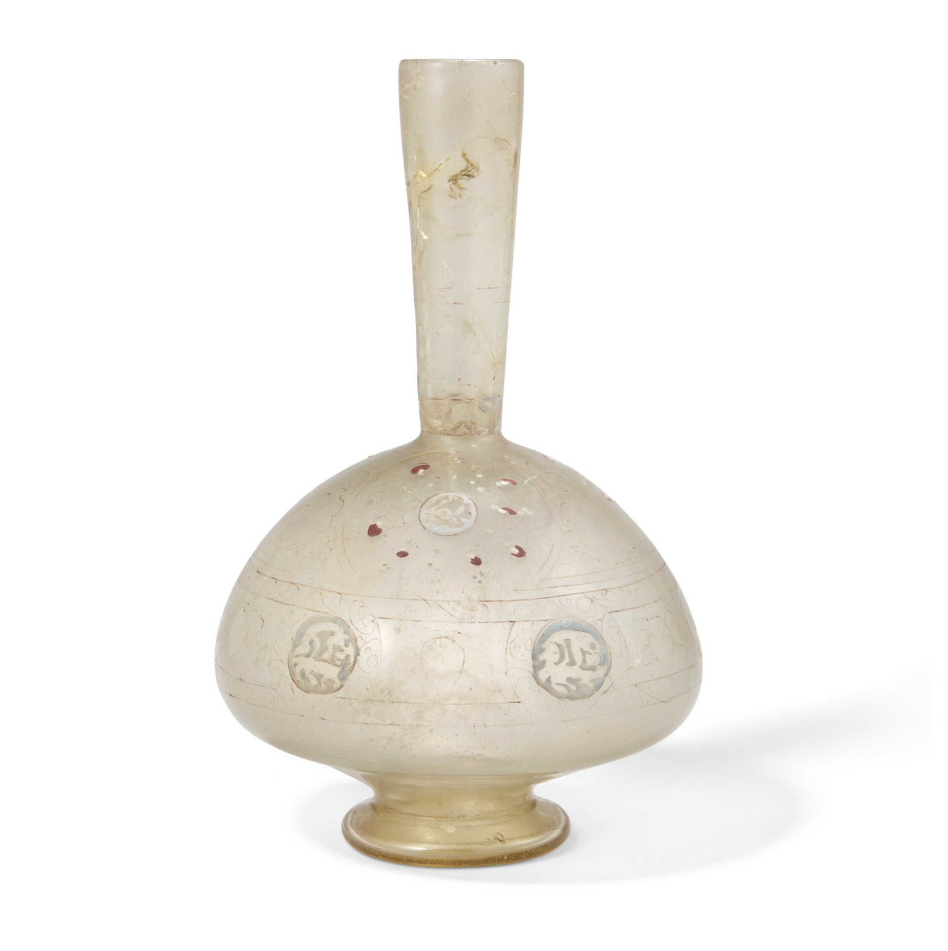 A MAMLUK ENAMELLED GLASS FLASK A MAMLUK ENAMELLED GLASS FLASK