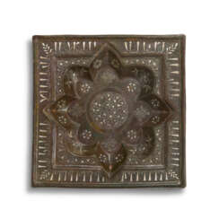 A PAIR OF KHORASSAN SILVER AND COPPER INLAID SQUARE BRASS TRAYS