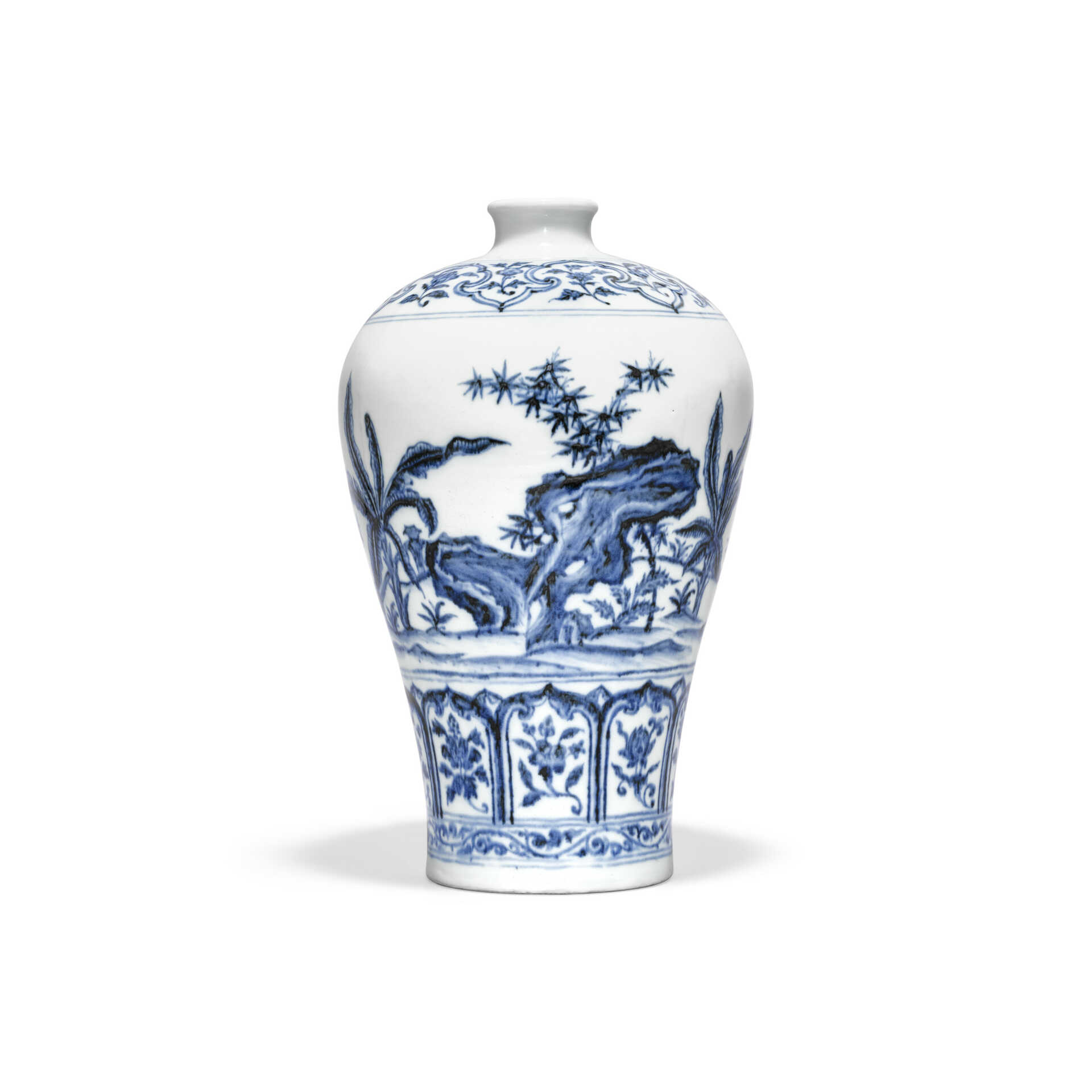 A FINE AND VERY RARE BLUE AND WHITE ‘BAMBOO, ROCK AND PLANTAIN’ VASE, MEIPING A FINE AND VERY RARE BLUE AND WHITE ‘BAMBOO, ROCK AND PLANTAIN’ VASE, MEIPING