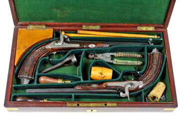 Paar Duell-Pistolen im Kasten um 1850