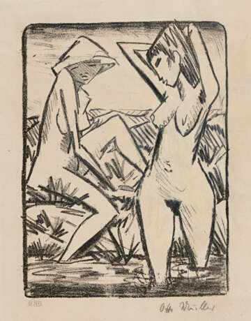 Otto Mueller. Im Wasser stehendes und am Ufer sitzendes Mädchen mit Hut (Mädchen im Bade) - photo 1