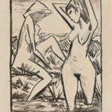 Otto Mueller. Im Wasser stehendes und am Ufer sitzendes Mädchen mit Hut (Mädchen im Bade) - photo 1