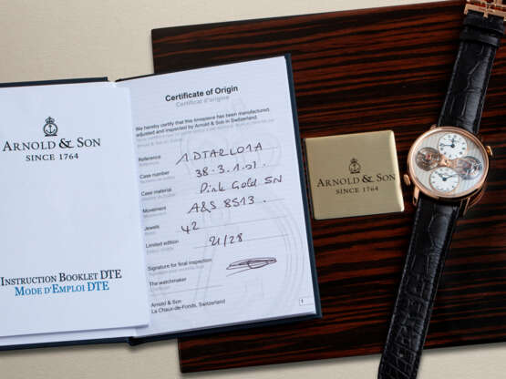 ARNOLD & SON, 'DTE DOUBLE TOURBILLON ESCAPEMENT' REF. 38.3.1.01, A FINE LIMITED EDITION PINKGOLD MANUAL-WINDING WRISTWATCH, - фото 4