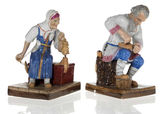 Two Porcelain Figurines of a Peasant Woman Spinning and an Old Man Making a Bast Shoe - photo 1