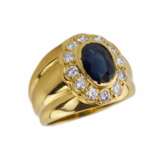 18K Gold Signet Ring with Sapphire and Diamonds. Diamonds 21th century - photo 1