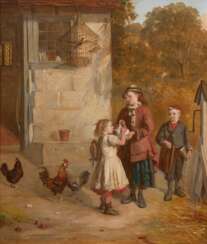 Bromley, William III (Englischer Genre- und Landschaftsmaler, tätig in London um 1835-1888) &quot;Ländliche Szene mit drei sich am Brunnen erfrischenden Kindern&quot;, Öl/ Lw., doubliert, sign. u.l., 43x36 cm, Rahmen