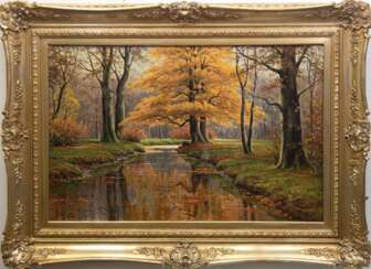 Moras, Bruno (1883 Berlin-1939 ebenda) &quot;Herbstliche Waldlandschaft mit Bachlauf&quot;, Öl/ Lw., sign. u.l., Lw. besch. u.r., 66x101 cm, Rahmen (Sohn des Künstlers Walter Moras)