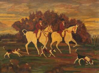 &quot;Englische Fuchsjagd&quot;, Öl/Hf., 33x45 cm, Rahmen (leichte Abplatzungen)