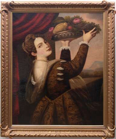 "Mädchen mit dem Früchtekorb (Lavinia)" Kopie 19. Jh. nach Tizian, Kraquele, 105x84 cm, rückseitig 2 Hinterlegungen, im Prunkrahmen - photo 1