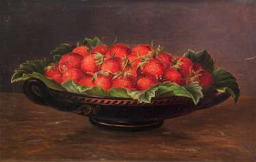 Jensen, Johann Lauritz (1800 Gentofte-1856 Kopenhagen) &quot;Erdbeeren in der griechischen Schale&quot;, Öl/Mahagonitafel., monogr. und dat. 1842 u.r., 17x27 cm, rückseitig alter Aufkleber vom Rahmenmacher, 17,5x27 cm, R…