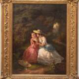 Bohn, Heinrich (aktiv ca. 1846-1883) "Zwei Mädchen mit Florentinerhüten auf einer Waldlichtung", sign. und dat. "H. Bohn 1855", 69x53 cm, Rahmen - photo 1