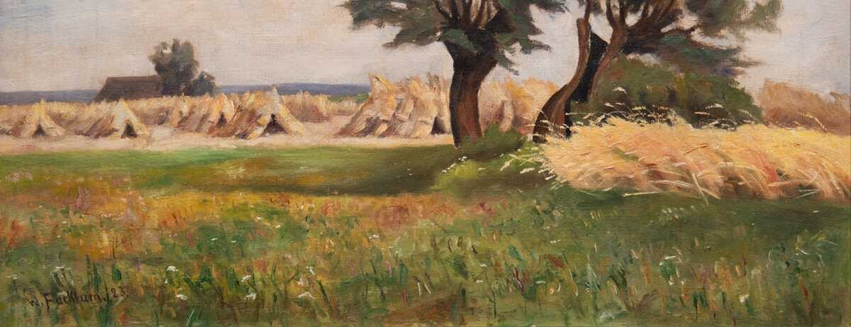 Facklam, Wilhelm (1893 Upahl-1972 Winkelhaid) &amp;quot;Zur Erntezeit&amp;quot;, Öl/ Lw., sign. u.l. und dat. ´23, verso. betitelt, 44x62 cm, Rahmen (ging als Schüler Franz Bunkes nach Schwaan und studierte von 1921-1923…