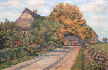 Meyer, Emmy (1866 Hannover-1940 Bremen) &quot;Herbstliches Bauerngehöft&quot;, Öl/ Lw., sign. u.l., 65x94 cm, Rahmen (Sie gehörte zur ersten Generation der Künstlerkolonie Worpswede)