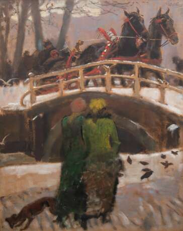 Westermann, Gerold (1880 Leeuwarden-1971 Amsterdam) "Pferdefuhrwerk bei der Fahrt über winterliche Brücke mit Personen", Pastell, sign. o.r., 101x75,5 cm, hinter Glas und Rahmen - photo 1