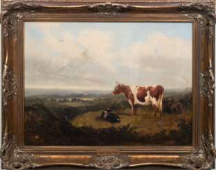 Cooper, Thomas George (1836-1901) &amp;quot;Kühe mit Kalb auf der Weide&amp;quot;, Öl/ Lw., unsign., auf Plakette bez., aus Lübecker Privatsammlung, 46x61 cm, Rahmen