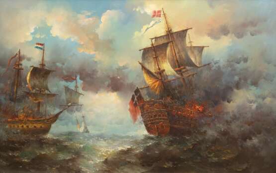 Künstler 20. Jh. "Seeschlacht von Trafalgar-21. Okt. 1805", Öl/ Lw., unsign., 61x90 cm, Rahmen - фото 1