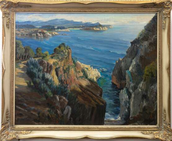 "Italienische Küstenlandschaft", Öl/ Lw., undeutl. sign. u.r., rückseitig auf Lw. bez. und dat. 27.7.1961, 66x80 cm, Rahmen - Foto 1