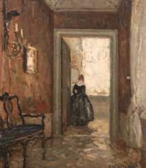 Kolbe, Ernst (1876 Marienwerder-1945 Rathenow/ Berlin) &quot;Interieur mit Frau im Uphagenhaus Danzig&quot;, Öl/ Karton, sign. u.r., rückseitig bez., 61x49 cm, Rahmen (Studium in Berlin und Dresden bei E. Bracht, Impres…