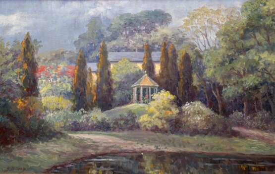 Milenz, B. "Sommerlandschaft mit Gartenpavillon", Öl/ Lw., sign. u.-l., 60x91 cm, Rahmen - photo 1