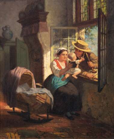Sebes, Pieter Willem (1827 Harlingen-1906 Amsterdam) "Mutter mit ihrem Baby am Fenster den Vater begrüßend", unleserlich sign. u.r., Öl/ Holz, rückseitig auf alten Aufkleber bez. "P.W. Sebes", 18,5x23… - фото 1