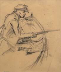 Holtz-Sommer, Hedwig (1901 Berlin- 1970 Wustrow) &quot;Angler im Boot&quot;, Zeichnung, Nachlaßstempel (durch Passepartout verdeckt) 29x24 cm, im Passepartout hinter Glas und Rahmen (Beteiligung an Ausstellungen mecklenb…