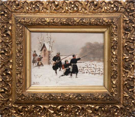 Sell, Christian (1856-1925) "Preußische Infanterie im Winterfeldzug", Öl/ Holz, sign. u.l., 15,5x21 cm, Rahmen - photo 1