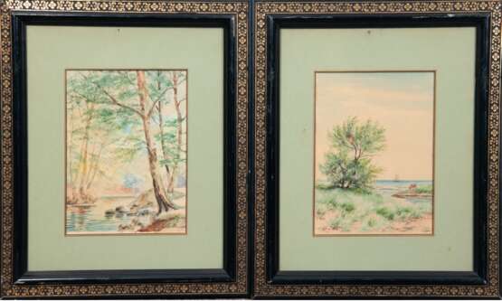 Schmitz, E. Pentants"Flußlandschaft" und "Segler auf ruhiger See", Aquarelle, sign., je 21x15 cm, im Passepartout hinter Glas und Rahmen - photo 1
