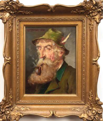 Zimmerman, Alfred (1854 München-1910 Gstadt am Chiemsee) "Porträt eines Jägers mit Pfeife", Öl/Platte, sign. o.r., 24x18 cm, Rahmen - photo 1