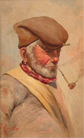 Renillo, G. "Italienischer Fischer mit Pfeife", Öl/Lw., sign. u.l., rückseitig auf Keilrahmen bez., 17x29,5 cm, Rahmen - photo 1