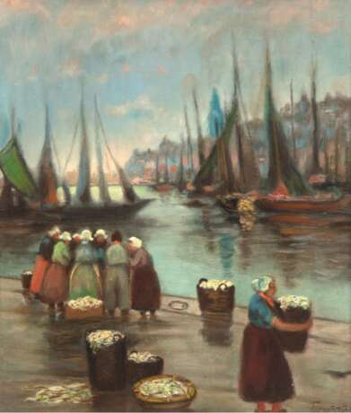 "Frauen auf dem Fischmarkt", Öl/Mp., undeutl. sign. u.r., 49x38 cm, Rahmen - Foto 1