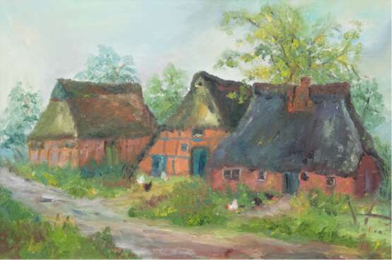 Eva (Worpsweder Schule) "Bauernhäuser und Hühner am Weg", Öl/Lw./Sperrholz, sign. u.r., 41x58 cm, Rahmen - Foto 1