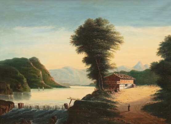 Landschaftsmaler 19. Jh. "Gebirgslandschaft mit Hütte am Fluß", Öl/Lw., unsign., 65x80 cm, Rahmen - photo 1