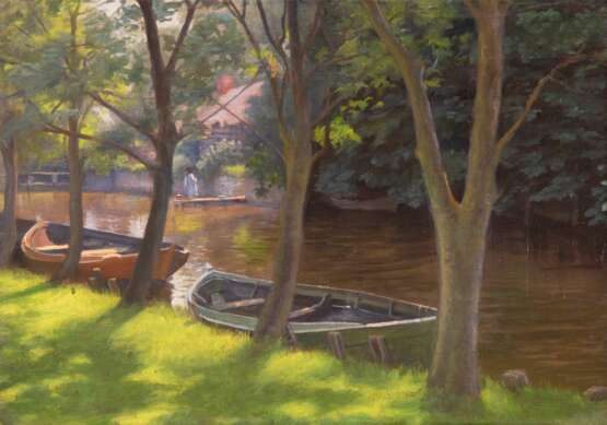 "Spreewaldlandschaft mit anliegenden Booten" Öl/Lw., unsign., 44x56 cm, Rahmen - photo 1