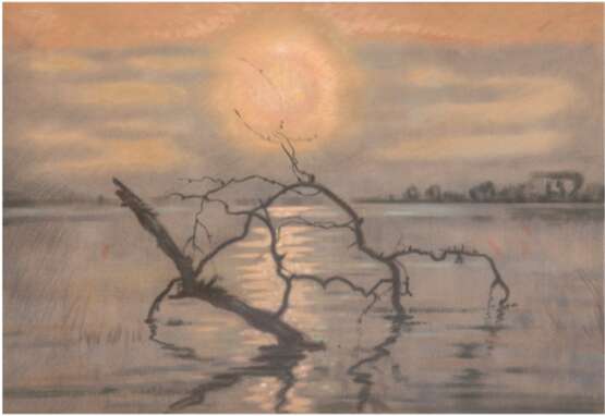 "Blaue Stunde am See", Pastell, unsign., 40x49,5 cm, im Passepartout hinter Glas und Rahmen - photo 1