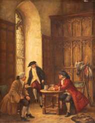Genremaler Ende 19. Jh. &quot;Drei elegante Herren beim Diskutieren in einem Interieur&quot;, Öl auf Kupfertafel, sign. &quot;E. Brädel&quot;, 26x22 cm, Rahmen