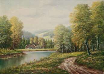 &quot;Sommerlandschaft&quot;, Öl/Lw., undeutl. sign. u.l., 61x80 cm, Rahmen