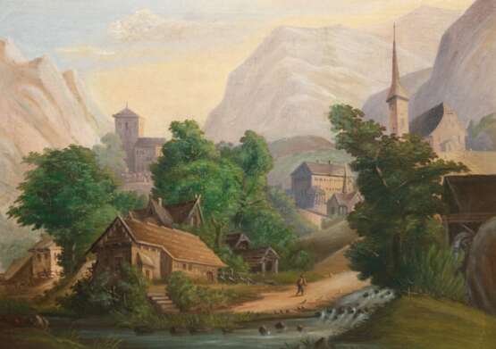 Maler Mitte 19. Jh. "Romantische Berglandschaft mit Wanderer", Öl/ Platte, unsign., 63,5x88,5 cm, Rahmen - photo 1
