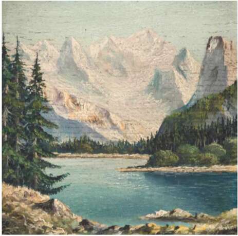 Kramer (1. Hälfte 20. Jh.) "Hochgebirgssee mit Blick auf Bergmassiv", Öl/H., signiert u.r., 19x18,5 cm, Rahmen - photo 1
