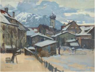 Cherepov, George (1909 Litauen-1987 Pennsylvania, Vereinigte Staaten) &quot;Winterliches Dorf in den Bergen&quot;, Mischtechnik, sign. u.l., 52x66 cm, hinter Glas und Rahmen