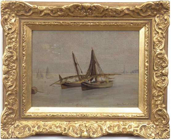 Maler des 20. Jh. "Fischerboote", Öl/MP., unleserl. signiert u.r., Farbfehlstellen, obere Hälfte mit Firnisschaden, 23x31 cm, Rahmen - photo 1