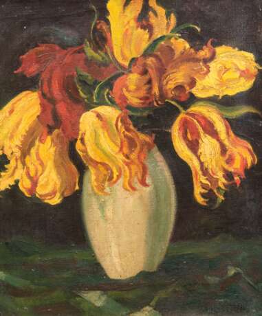 Koch-Stetter, Dora (1881 Bayreuth-1968 Ahrenshoop-Althagen) "Blumenstilleben mit Tulpenstrauß in Vase", Öl/ Lw., sign. u.r., 32x26 cm, Rahmen (Studium an der Berliner Kunstschule, Lehrmeister Lovis Corinth und … - photo 1