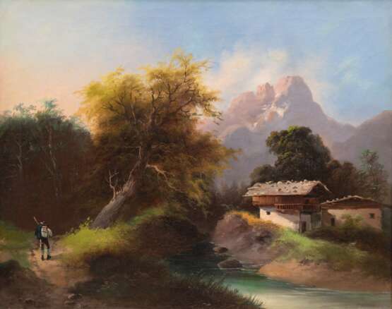 Hampe, Guido (1839 Berlin-1891 ebenda) "Berglandschaft mit Wanderer am Gebirgsbach", Öl/ Lw., 4 kl. Hinterlegungen, unsign., rückseitig alter Klebezettel "Guido Hampe", 42x53 cm, Rahmen - фото 1