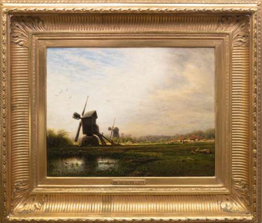 Hildebrandt, Eduard (1818 Danzig-1868 Berlin) "Landschaft mit Windmühlen", Öl/ Lw., craqueliert, sign. u.r., 53x66 cm, Prunkrahmen (Hildebrandt begeisterte seine Zeitgenossen mit den Wundern der Welt, denen er … - photo 1