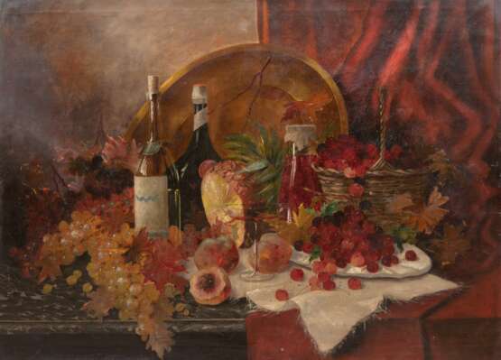 Redtwitz, Anton (1871-1965, Österreichischer Künstler) "Stilleben mit Früchten, Flaschen und Korb", Öl/ Lw., sign. u.r., 74x100 cm, Rahmen - фото 1