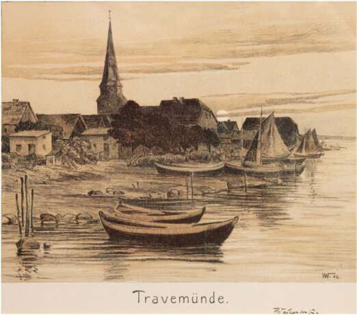Wachenhusen, Friedrich Adolf Julius Ludwig (1859 Schwerin-1925 ebenda) "Travemünde", Zeichnung, sign. u.r., dat. ´02 und mittig bez., 26x30 cm, im Passepartout hinter Glas und Rahmen (Er war ein deutscher Lands… - фото 1