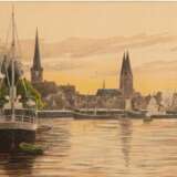 Wachenhusen, Friedrich Adolf Julius Ludwig (1859 Schwerin-1925 ebenda) "Mecklenburger Hafenstadt", Zeichnung, monogr. u.r. und dat. ´02, 21x28 cm, im Passepartout hinter Glas und Rahmen (Er war ein deutscher La… - photo 1