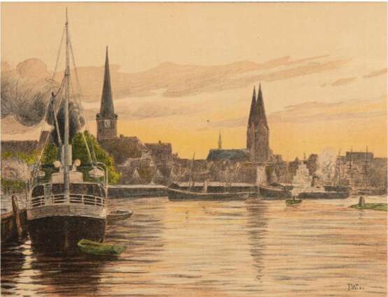 Wachenhusen, Friedrich Adolf Julius Ludwig (1859 Schwerin-1925 ebenda) "Mecklenburger Hafenstadt", Zeichnung, monogr. u.r. und dat. ´02, 21x28 cm, im Passepartout hinter Glas und Rahmen (Er war ein deutscher La… - photo 1