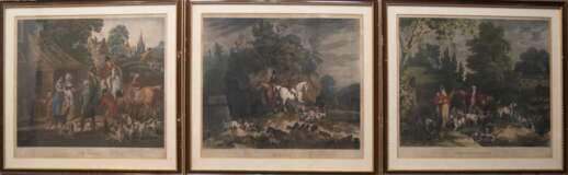 3x Pollard (England Anfang 19. Jh.) "At fault", "Unkenneling the hounds" u. "The death", handkolorierte Stiche, ca. 43x53 cm, je hinter Glas im Passepartout u. Rahmen - Foto 1