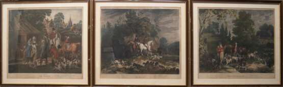 3x Pollard (England Anfang 19. Jh.) "At fault", "Unkenneling the hounds" u. "The death", handkolorierte Stiche, ca. 43x53 cm, je hinter Glas im Passepartout u. Rahmen - Foto 1