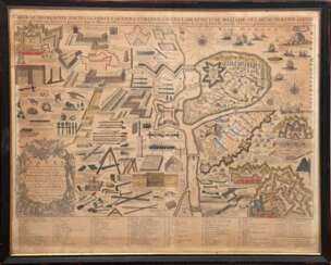 Große Militärische Karte von Caspar Specht, kolorierter Stich, 18. Jh., Karte auf der alle Teile abgebildet sind, die in der Militärarchitektur oder der Festungsbaukunst enthalten sind..., mit großer Titelkartusche und L…